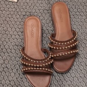 Coach Brown Leather Beaded Slide Sandals with Gold Bead Straps